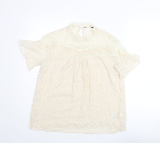 New Look Womens Ivory Polyester Basic Blouse Size 12 Mock Neck - Lace Detail