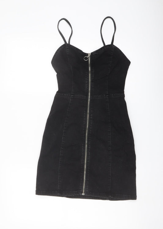 Additional front view of Denim & Co. women’s black cotton mini, size UK 4, sweetheart zip