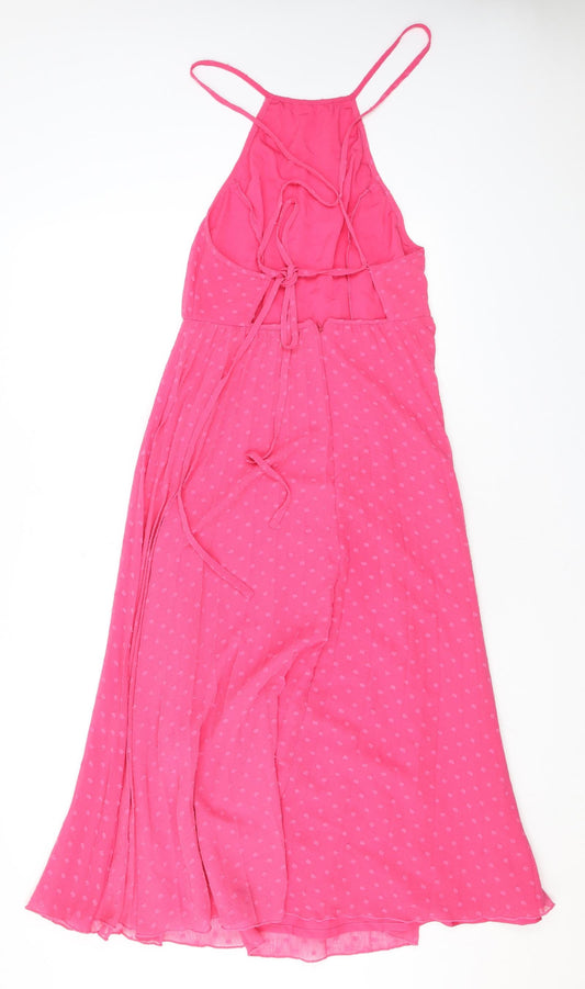 ASOS Womens Pink Polka Dot Polyester A-Line Size 10 Halter Zip - Open Back