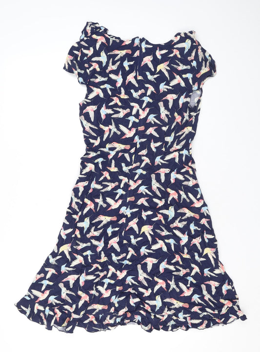 Oasis Womens Blue Geometric Viscose Mini Size 10 V-Neck Zip - Birds