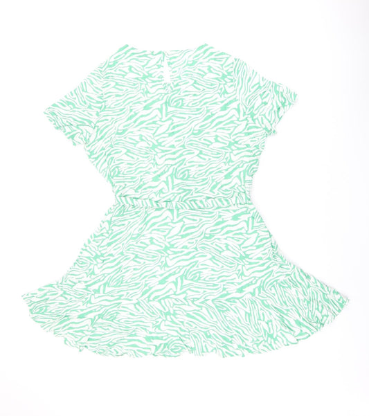 Marks and Spencer Womens Green Animal Print Viscose Skater Dress Size 12 Round Neck Button - Zebra Print, Belted