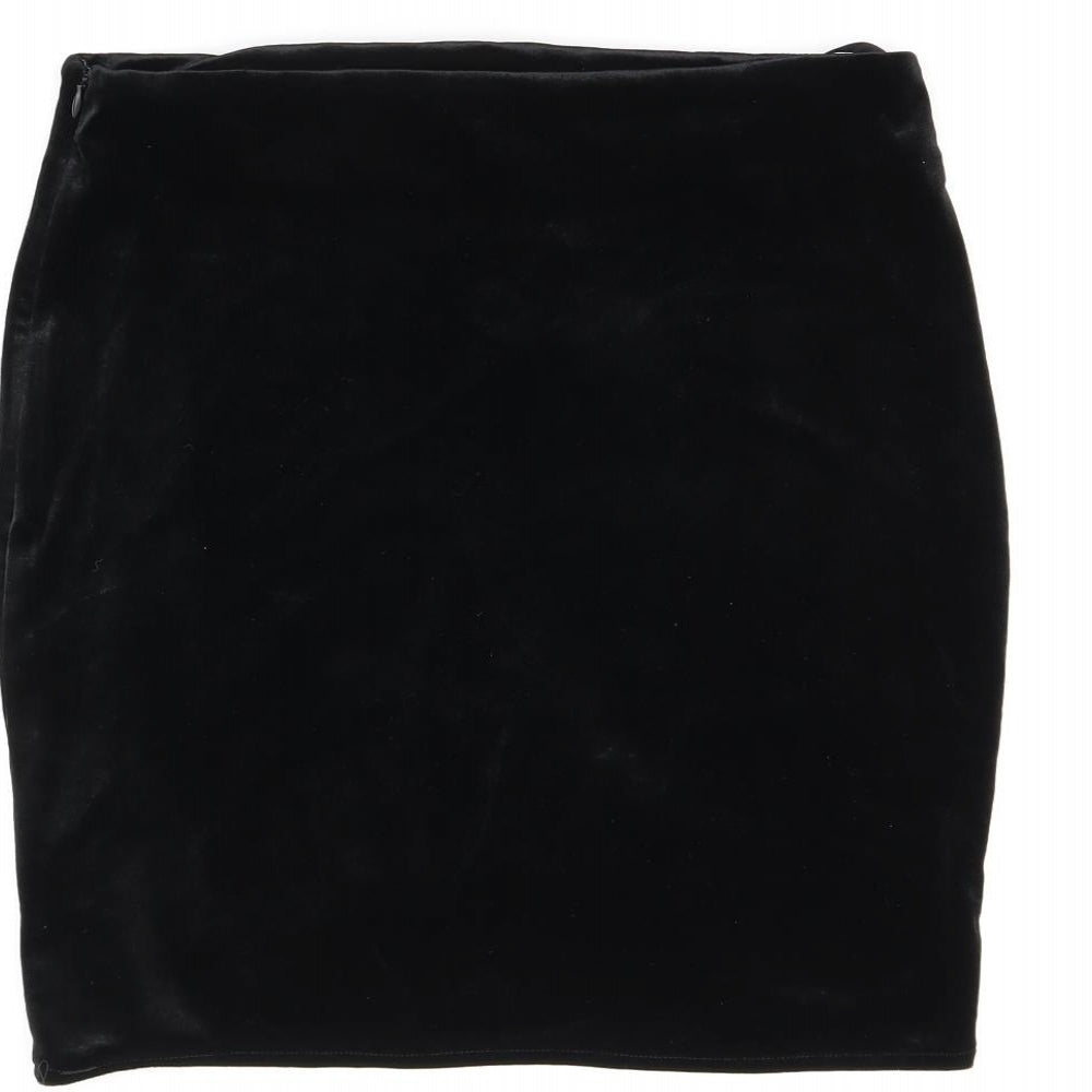 Brand and care label for Missguided women’s black polyester mini skirt, size UK 12, zip - crochet detail