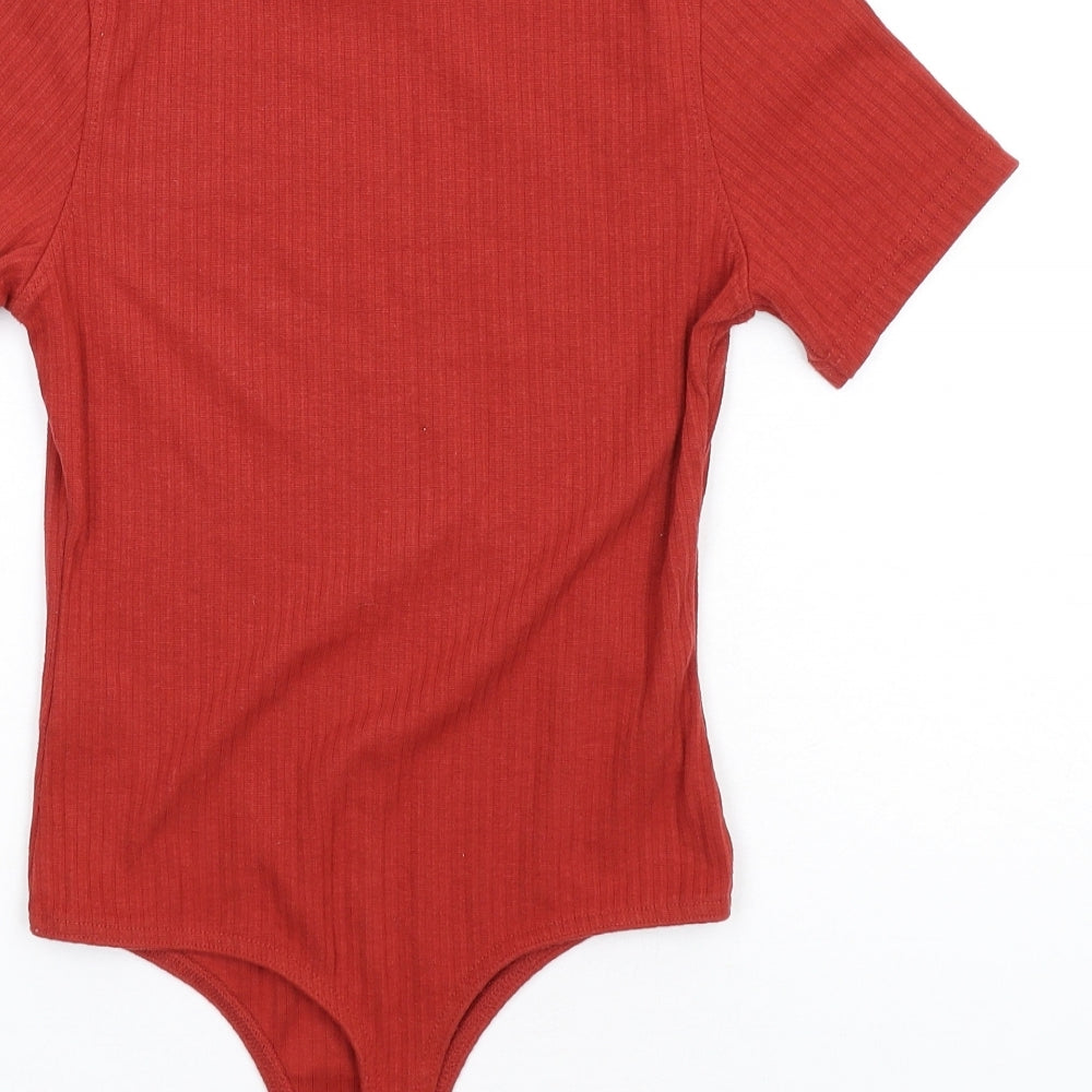 Brand and care label for Missguided women’s red polyethylene bodysuit one-piece, size UK 8, snap