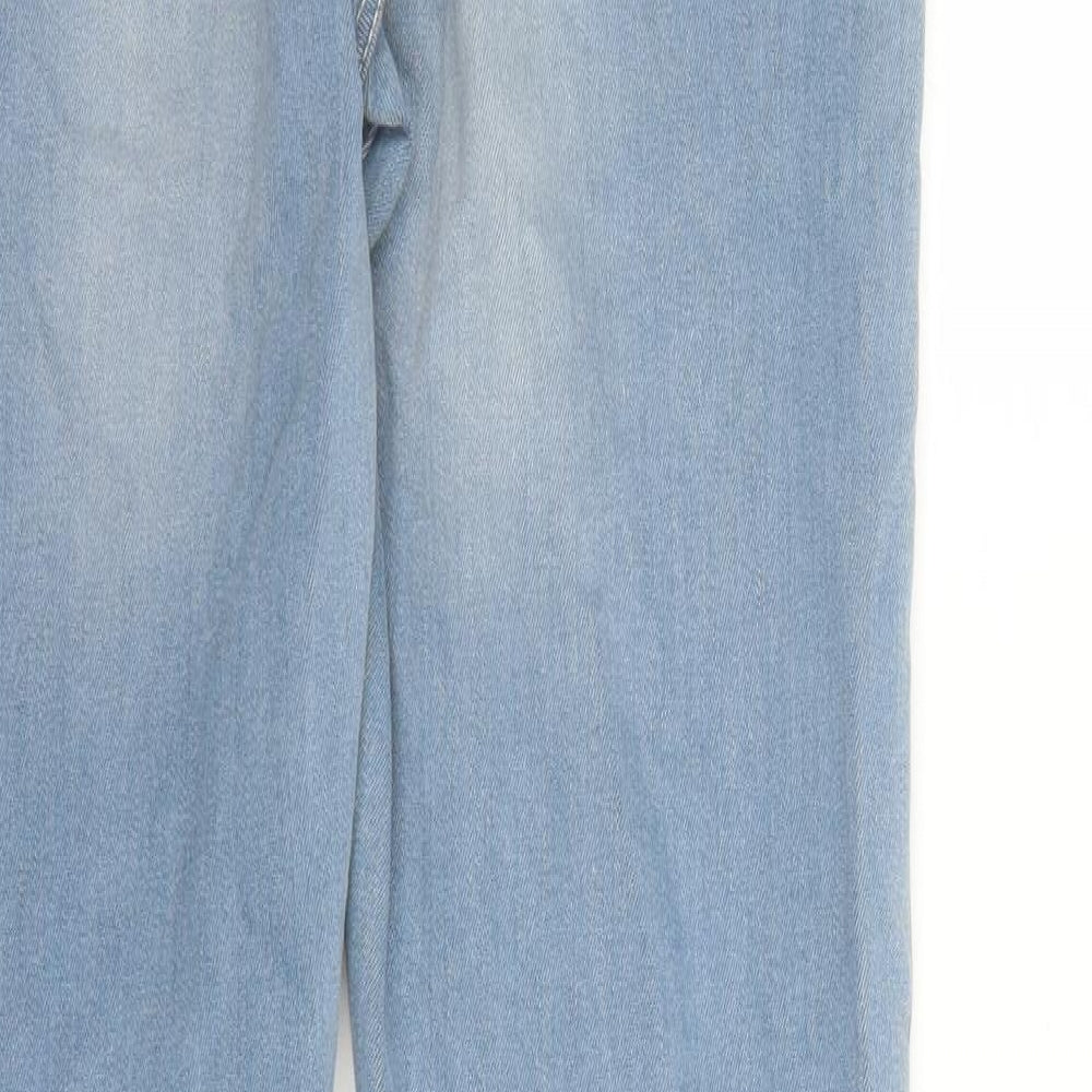 Brand and care label for ASOS men’s blue cotton straight jeans, size 32, in, 33-inch leg regular zip