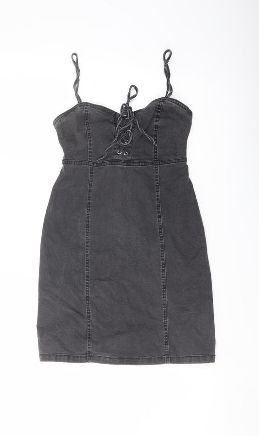 Additional front view of Denim & Co. women’s grey cotton mini, size UK 8, sweetheart zip