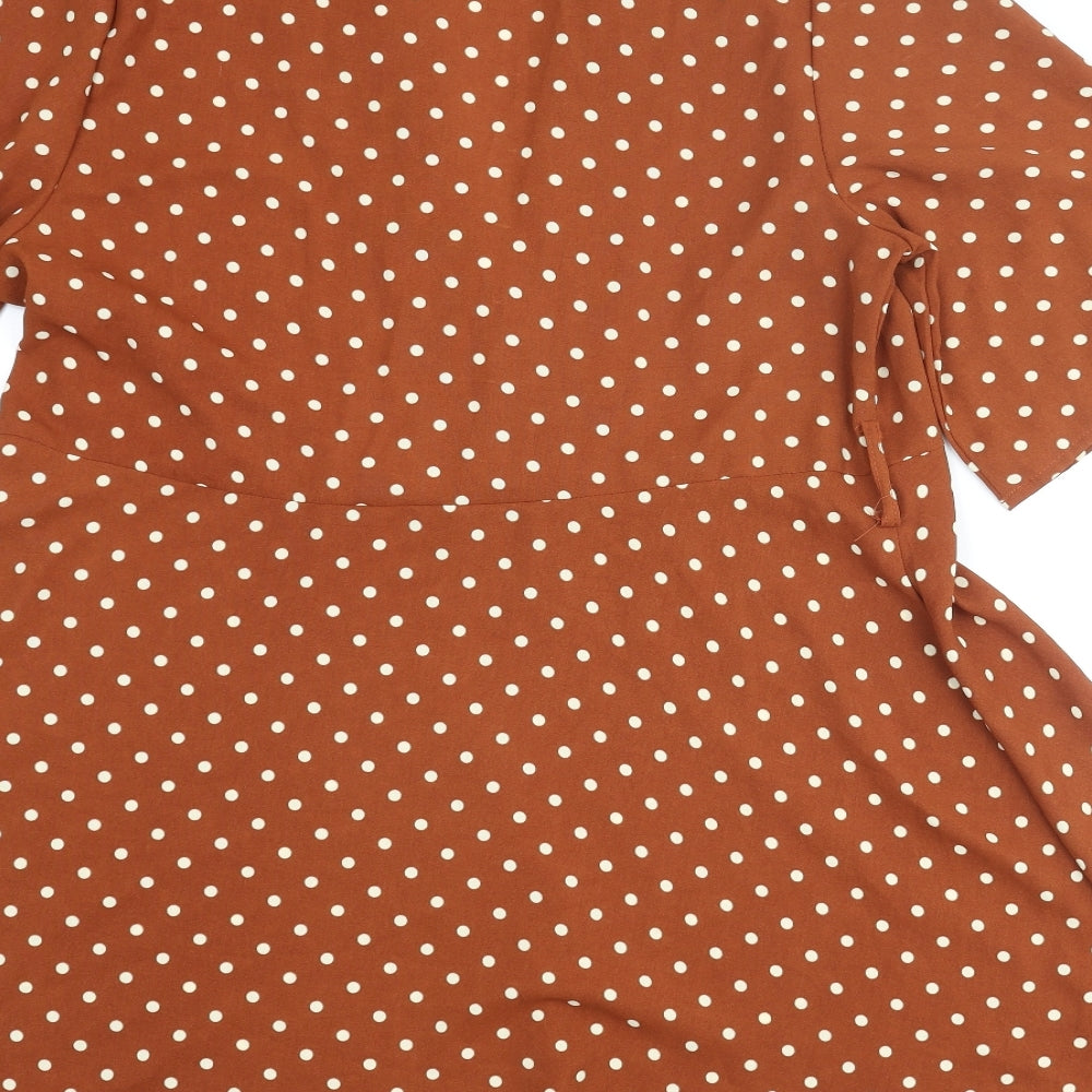 PRETTYLITTLETHING Womens Brown Polka Dot Polyester A-Line Size 10 V-Neck Pullover