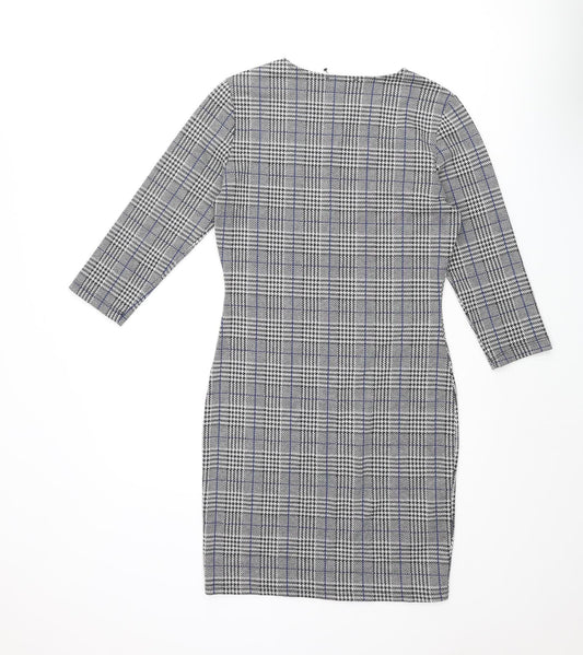 Mango Womens Black Check Polyester Bodycon Size M Round Neck Pullover - Button Detail