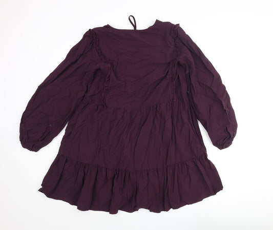 Zara Womens Purple Viscose A-Line Size M V-Neck Tie - Smocked Frill
