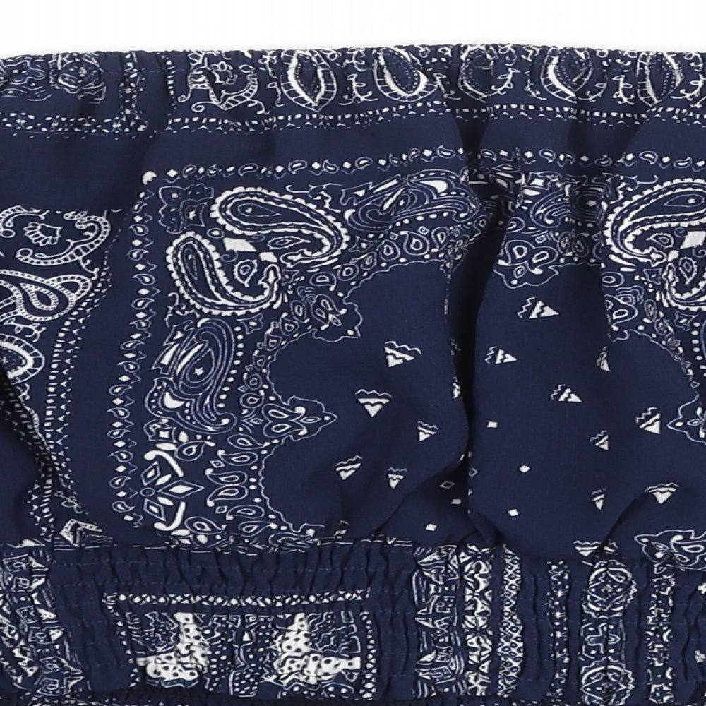 Glamorous Womens Blue Paisley Polyester Cropped Blouse Size S Off the Shoulder - Rouched