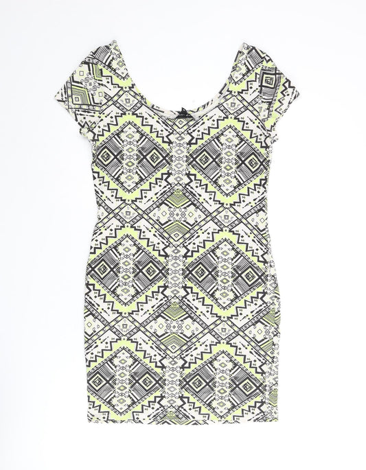 New Look Womens Multicoloured Geometric Cotton Bodycon Size 14 Scoop Neck Pullover