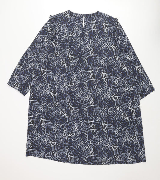 Marks and Spencer Womens Blue Animal Print Polyester Shift Size 18 Round Neck Button - Pleated Front Frill Leopard Print