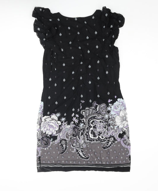 Oasis Womens Black Geometric Cotton Shift Size 10 Round Neck Pullover - Floral Paisley Print Frill