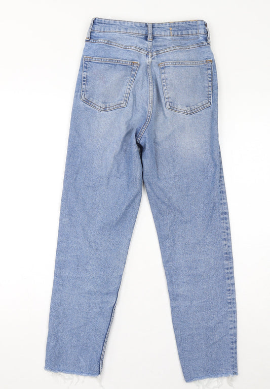 Divided by H&M Womens Blue Cotton Straight Jeans Size 8 L26 in Regular Button - Distressed Hem