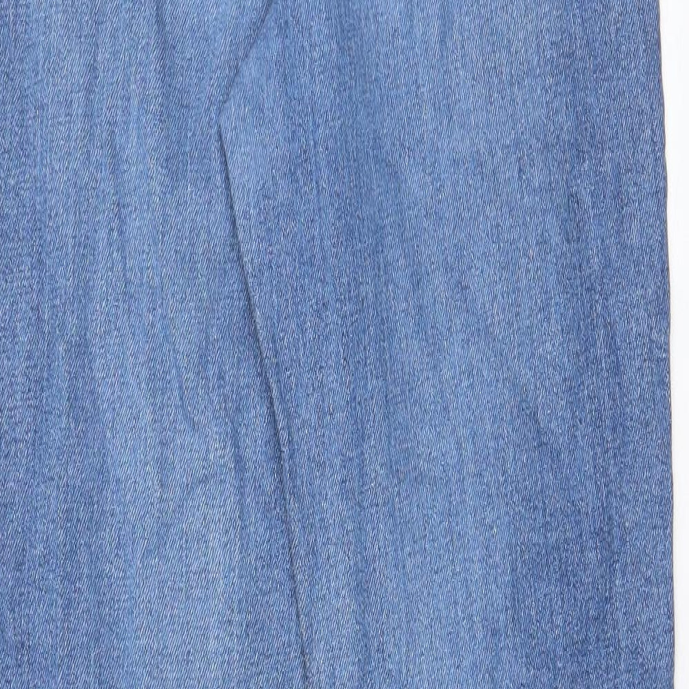 Brand and care label for ASOS women’s blue cotton straight jeans, size UK 28, in, 32-inch leg slim zip - pockets