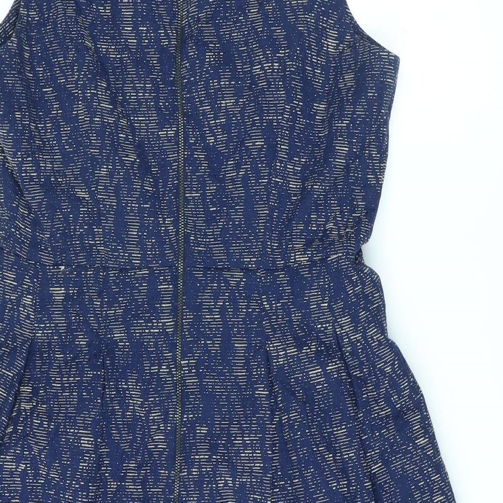 NEXT Womens Blue Geometric Polyester A-Line Size 14 Round Neck Zip
