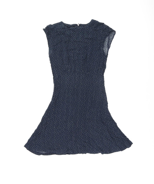 Additional front view of Cooperative women’s blue geometric viscose mini, size XS, round neck zip