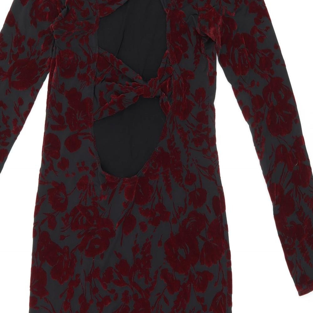 Boohoo Womens Black Floral Polyester Bodycon Size 8 Boat Neck Pullover - Cut Out Back