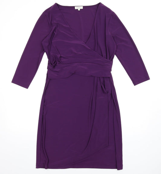 Additional front view of Kaliko women’s purple polyester pencil dress, size UK 14, v-neck pullover