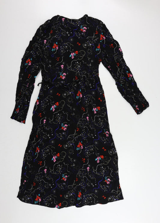 Marks and Spencer Womens Black Geometric Viscose A-Line Size 10 V-Neck Zip