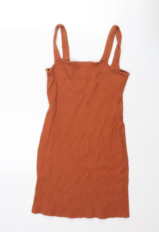 ASOS Womens Brown Cotton Tank Dress Size 10 Square Neck Pullover - Ribbed
