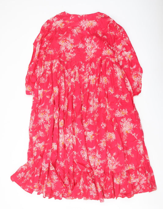 Per Una Womens Pink Floral Cotton Skater Dress Size S V-Neck Pullover