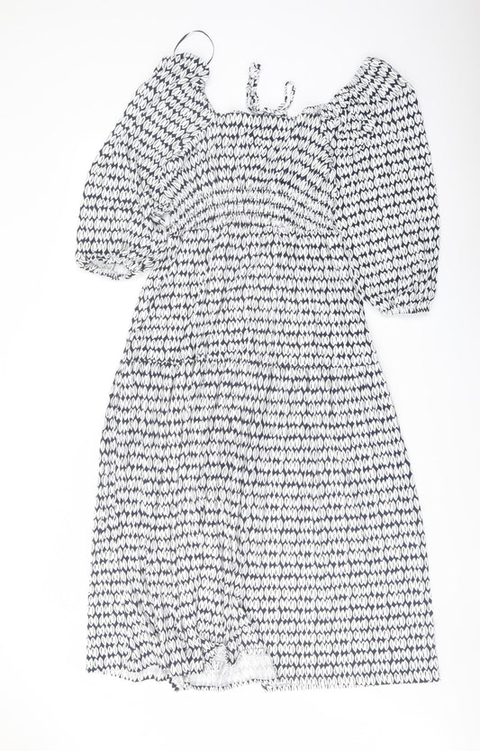 Marks and Spencer Womens Blue Geometric Viscose A-Line Size 8 Square Neck Pullover