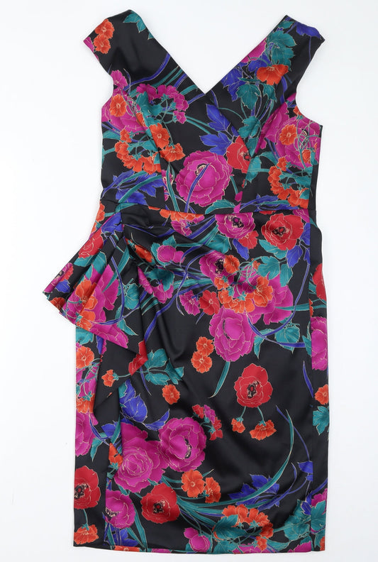 Debenhams Womens Multicoloured Floral Polyester Pencil Dress Size 14 V-Neck Zip