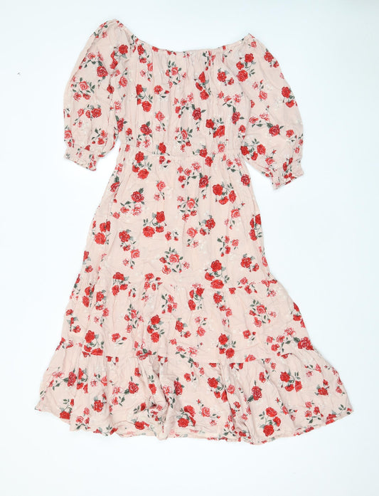 H&M Womens Pink Floral Viscose A-Line Size 8 Off the Shoulder Pullover - Pleated