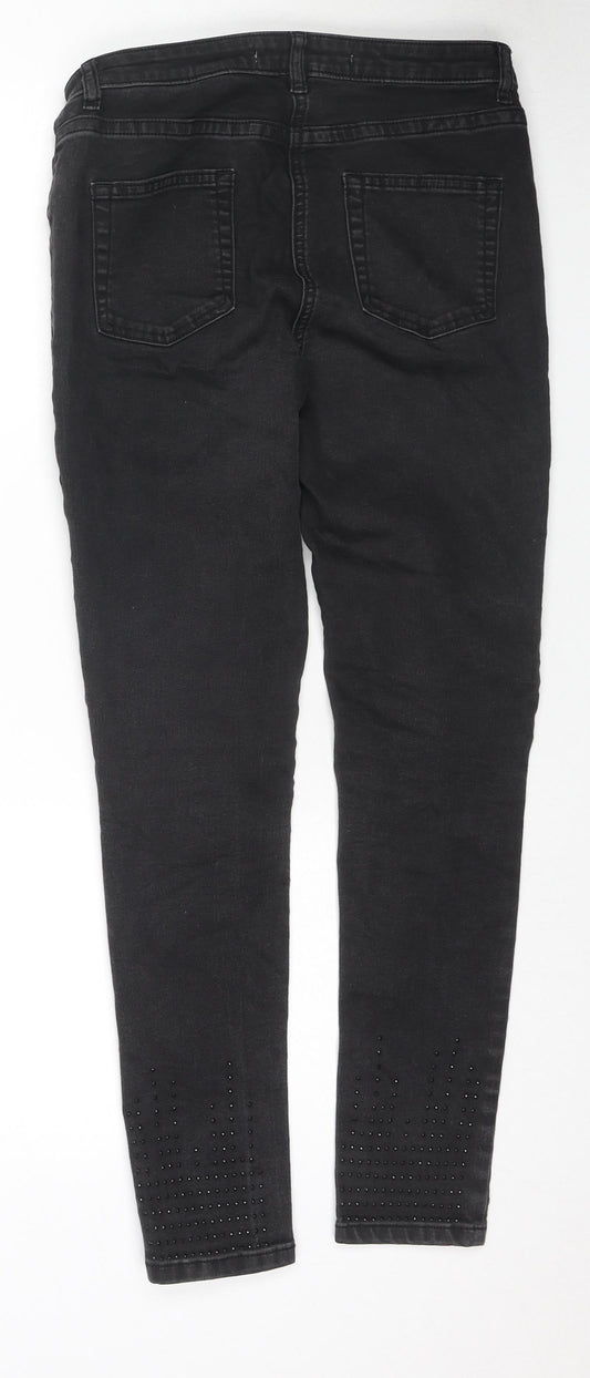 NEXT Womens Black Cotton Skinny Jeans Size 12 L27 in Regular Zip - Jeweled Detail