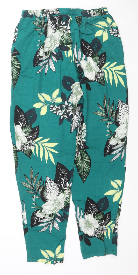 Blue Chameleon Womens Green Floral Viscose Chino Trousers Size S L26 in Regular Drawstring