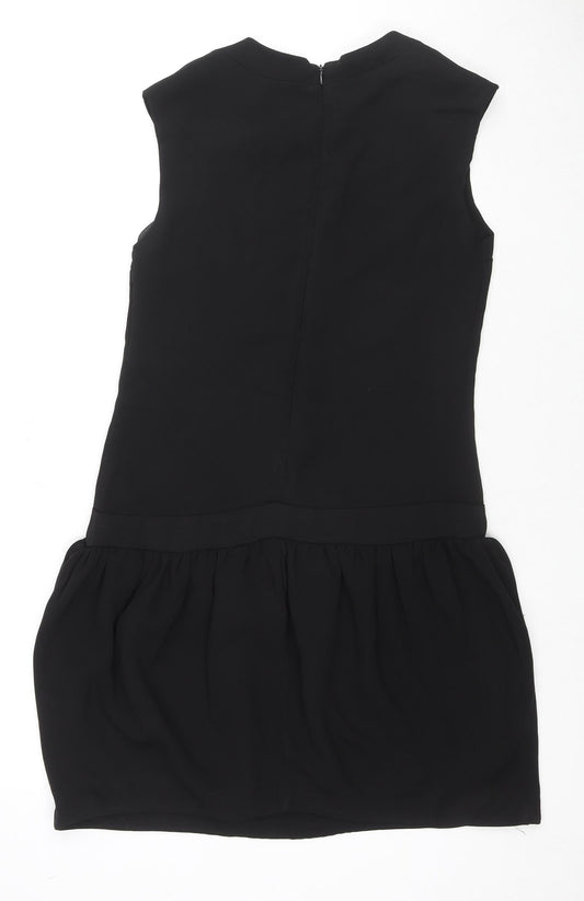 Back view of Collection London women’s black polyester trapeze & swing, size UK 8, round neck zip
