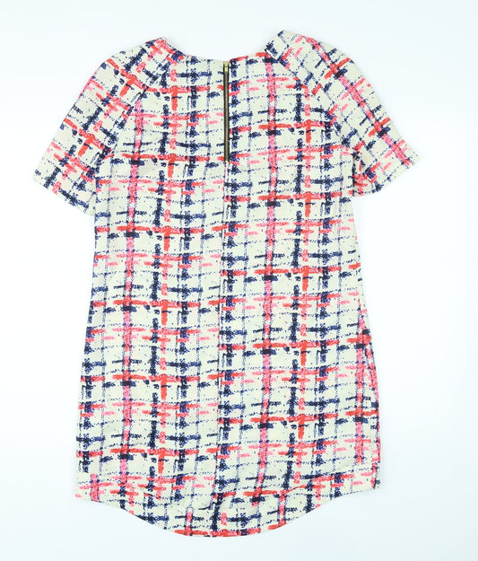 Neon Rose Womens Ivory Plaid Polyester T-Shirt Dress Size 12 Round Neck Zip