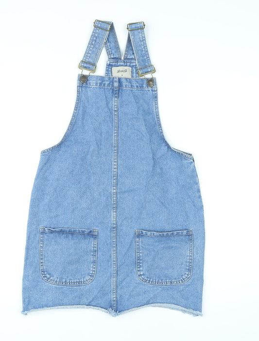 Additional front view of Denim & Co. women’s blue cotton pinafore/dungaree dress, size UK 8, square neck hook & eye