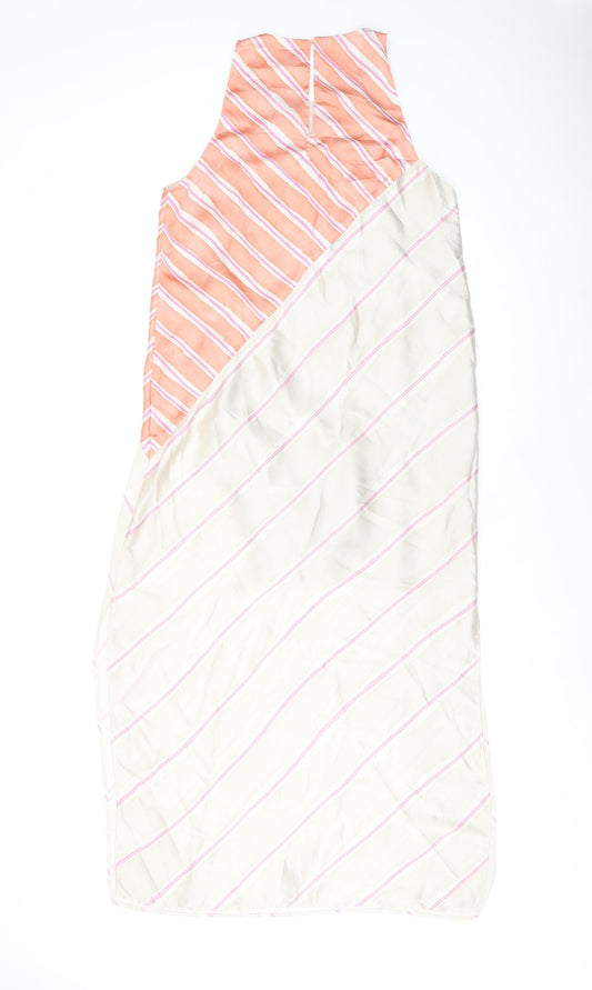 Zara Womens Beige Striped Polyester Shift Size S Round Neck Button