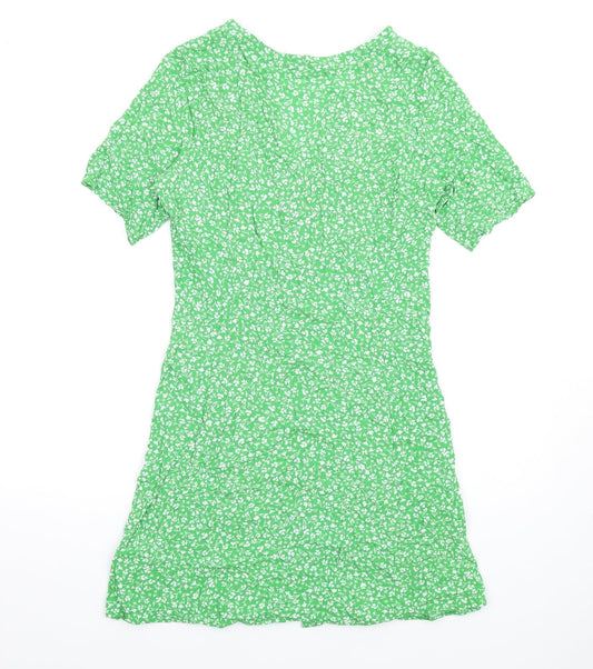 Monki Womens Green Floral Viscose A-Line Size M V-Neck Button