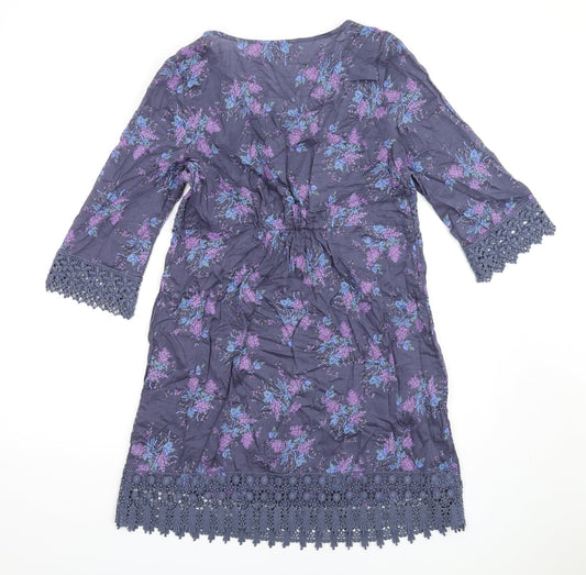 Indigo Womens Blue Floral Cotton A-Line Size 10 Square Neck Pullover