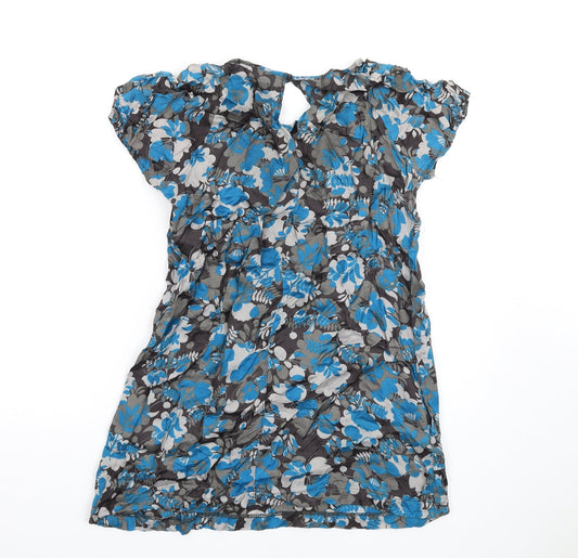 NEXT Womens Blue Floral Viscose A-Line Size 14 Round Neck Button