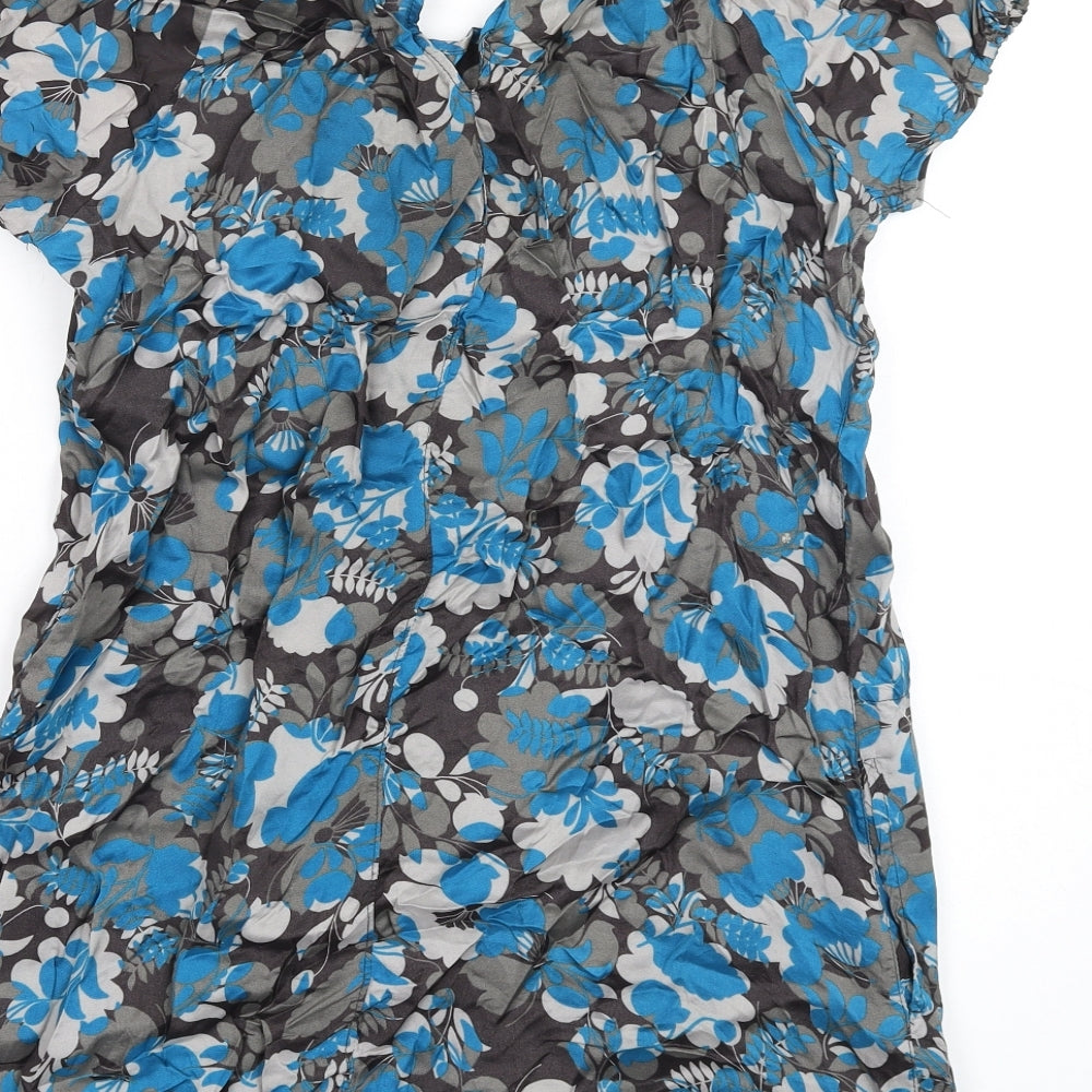 NEXT Womens Blue Floral Viscose A-Line Size 14 Round Neck Button