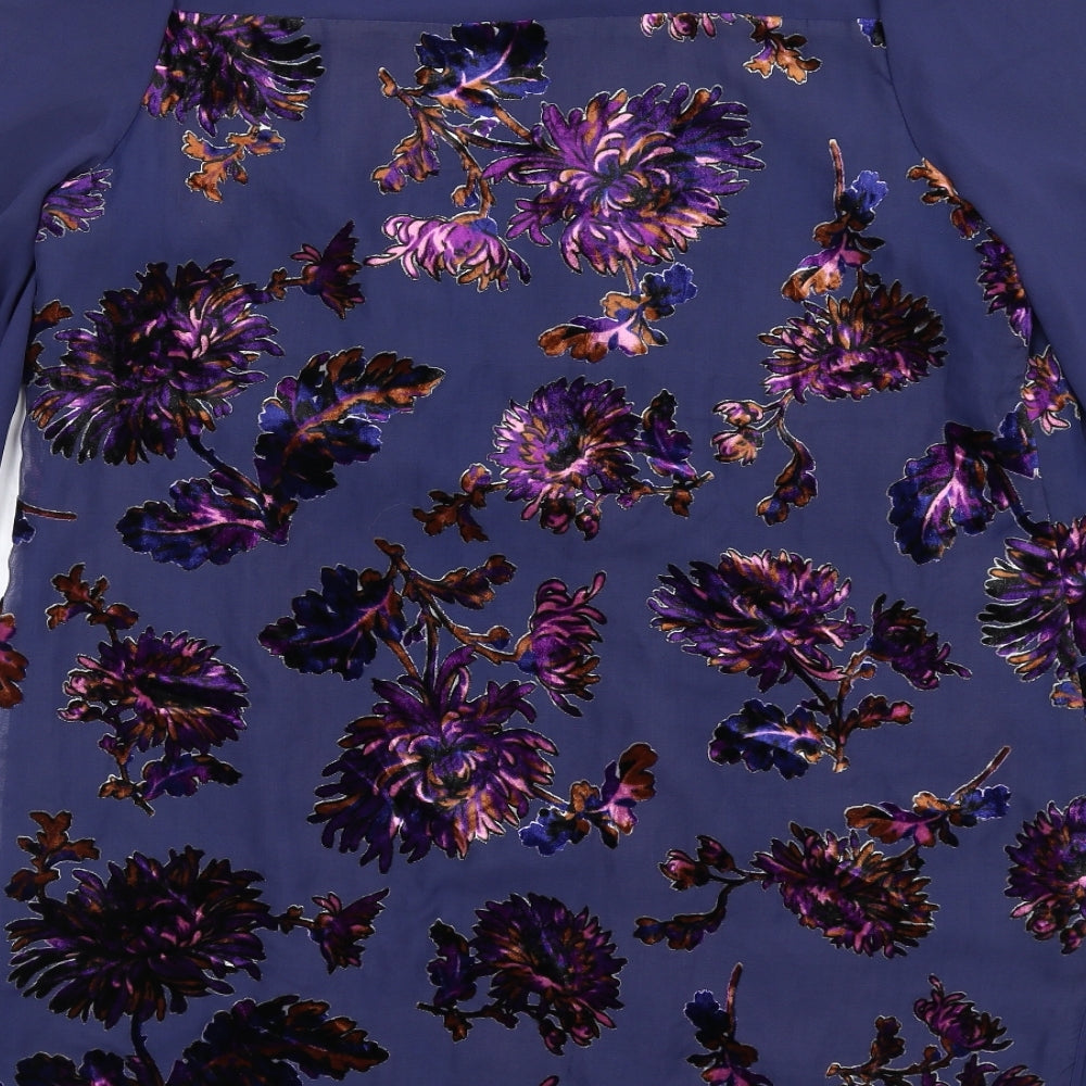 Brand and care label for Autograph women’s blue floral viscose shirt dress, size UK 14, round neck button