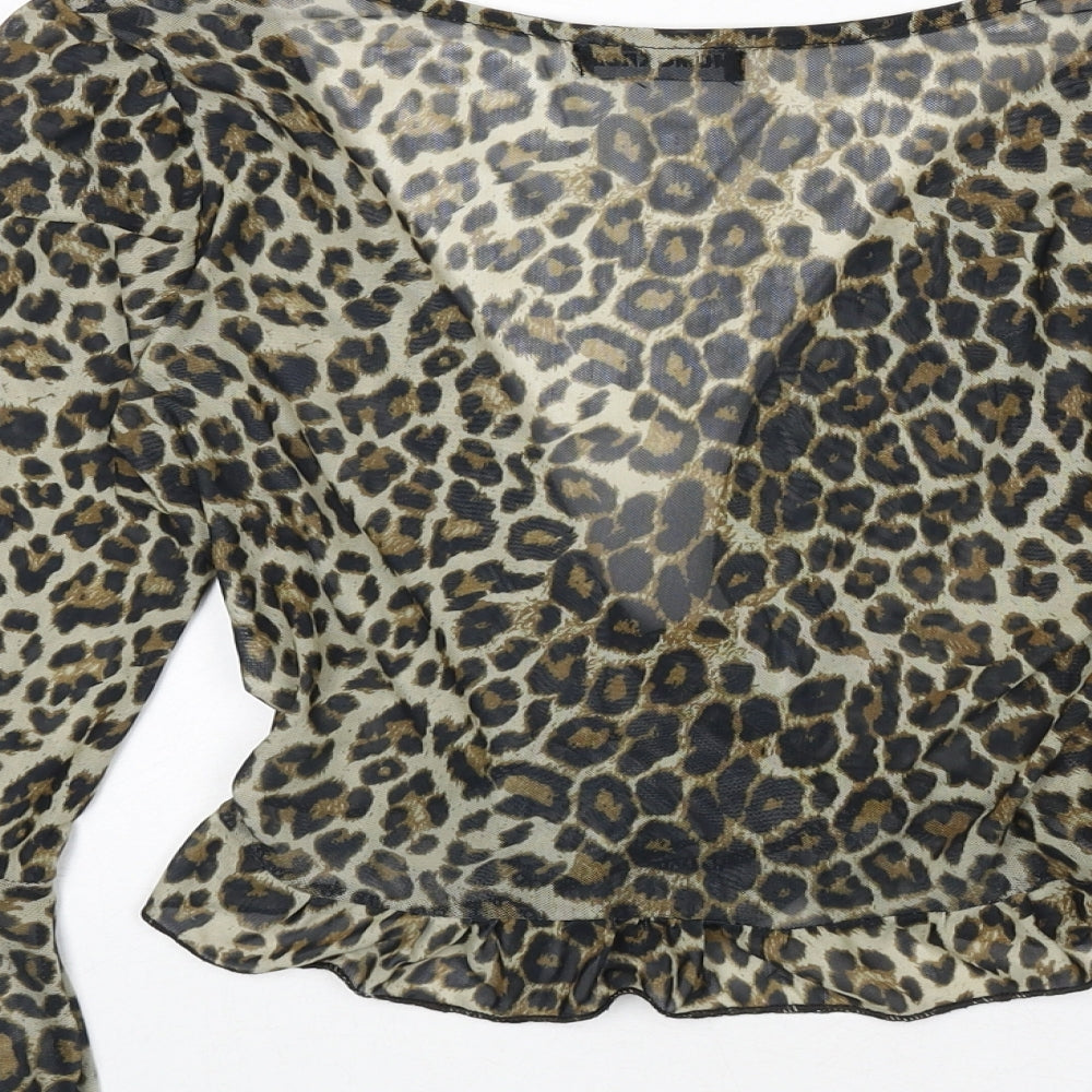 Momokrom Womens Multicoloured Animal Print Polyester Wrap T-Shirt Size 8 V-Neck - Leopard Print, Cropped