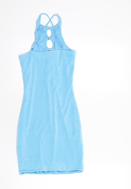 Oh Polly Womens Blue Polyester Mini Size 8 Halter Pullover - Cut Out Detail