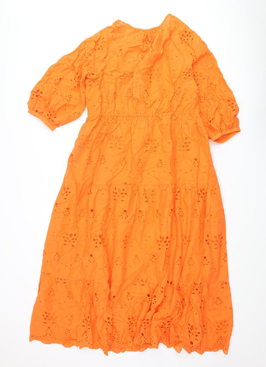 Marks and Spencer Womens Orange Cotton Maxi Size 10 V-Neck Button - Broderie Anglaise