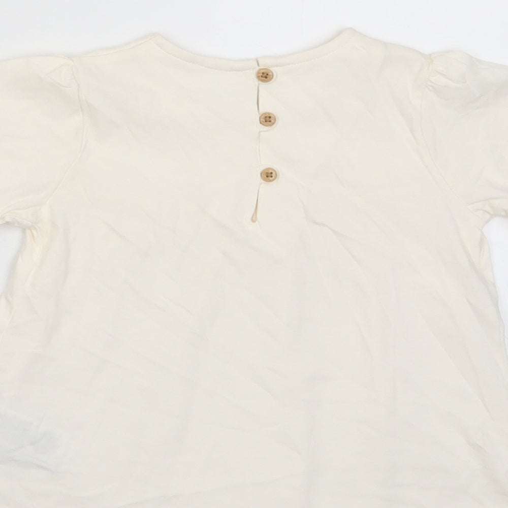 Marks and Spencer Girls Beige Cotton Basic T-Shirt Size 2-3 Years Crew Neck Button - Pleated