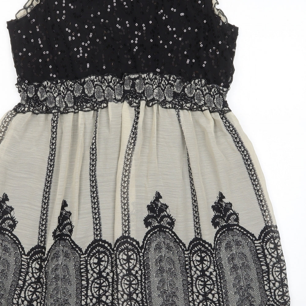 QED London Womens Black Fair Isle Polyester A-Line Size 14 Crew Neck Pullover - Frill, Sequins