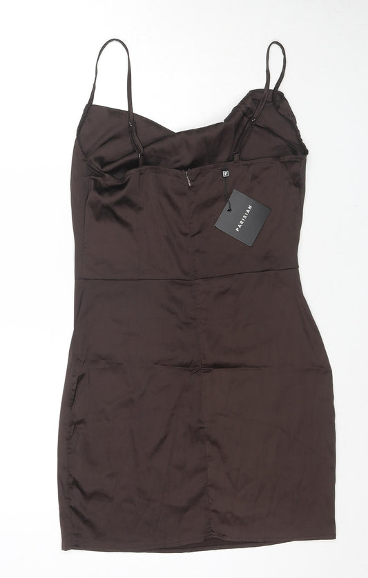 PARISIAN SIGNATURE Womens Brown Polyester Slip Dress Size 12 Cowl Neck Zip