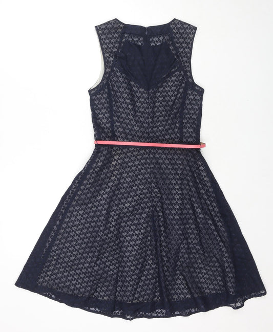 Oasis Womens Blue Geometric Cotton A-Line Size 8 Round Neck Pullover - Belted