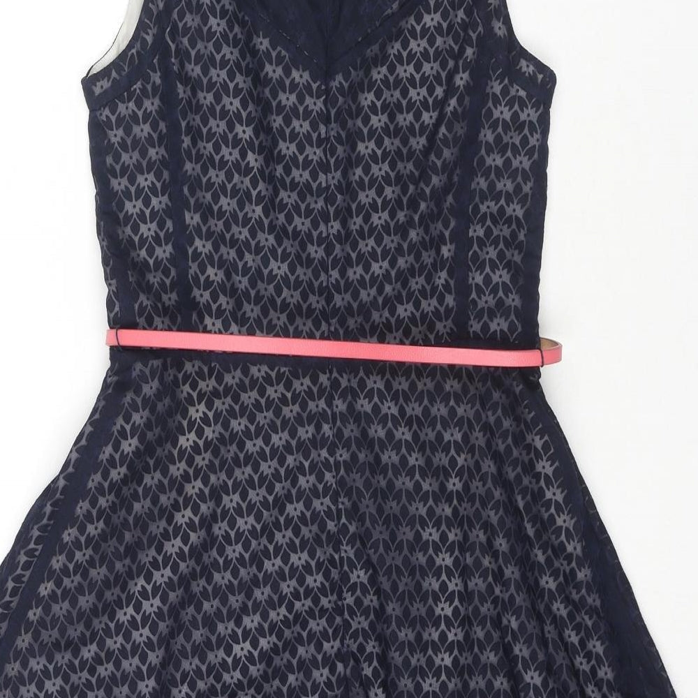 Oasis Womens Blue Geometric Cotton A-Line Size 8 Round Neck Pullover - Belted