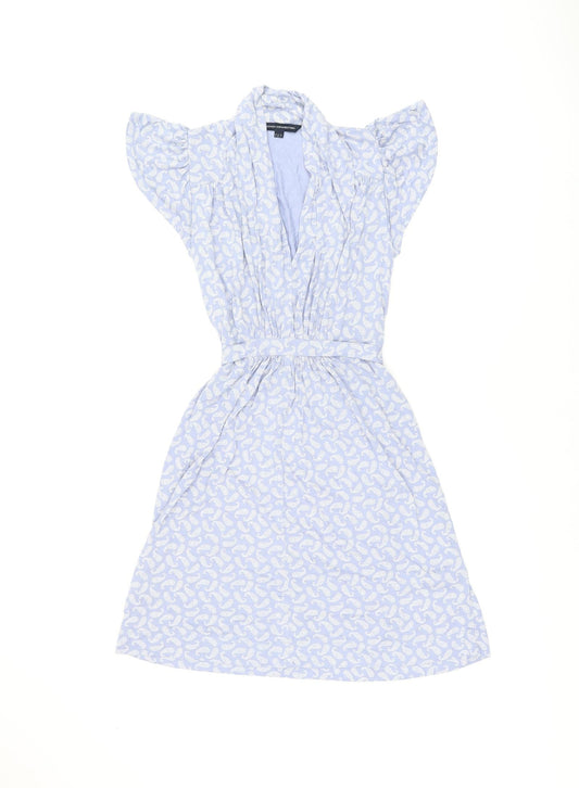 Additional front view of French Connection women’s blue geometric viscose skater dress, size UK 8, v-neck pullover
