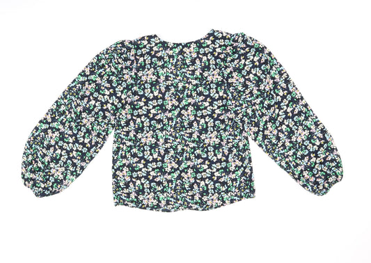 Marks and Spencer Womens Blue Floral Polyester Basic Blouse Size 8 V-Neck