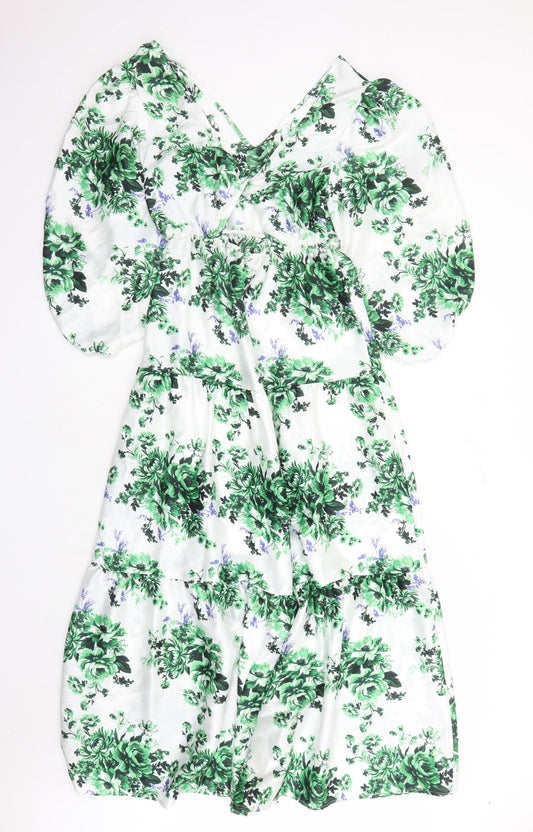 Marks and Spencer Womens White Floral Polyester Maxi Size 8 V-Neck Pullover